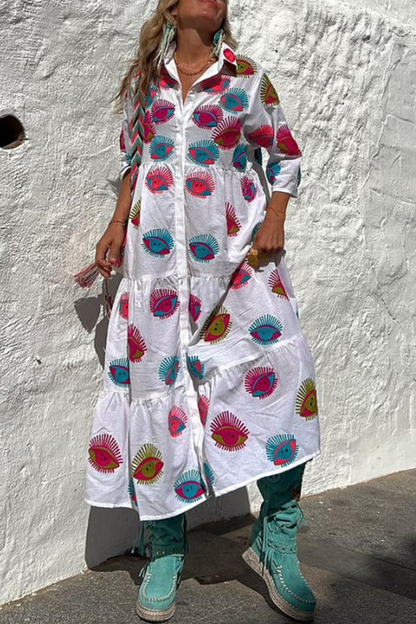 LB | Take Me To Cabo Ethnic Unique Print Button Loose Shirt Midi Dress