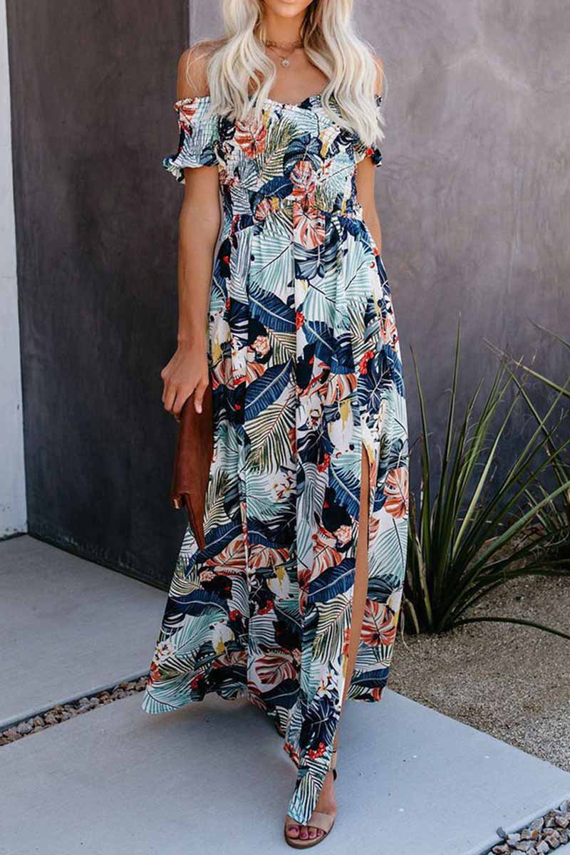 LB | Casual Leaf Print Off Shoulder Wrap Chest Maxi Dress