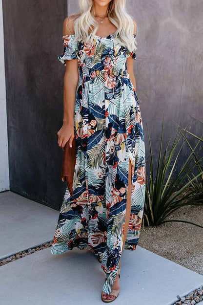 LB | Casual Leaf Print Off Shoulder Wrap Chest Maxi Dress