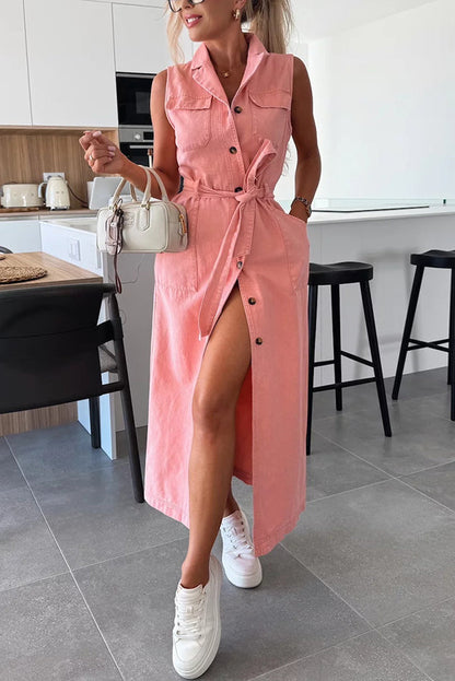 LB | Jednokolorowa sukienka bez rękawów z wiązaniem w talii Casual Bag Denim Midi Dress