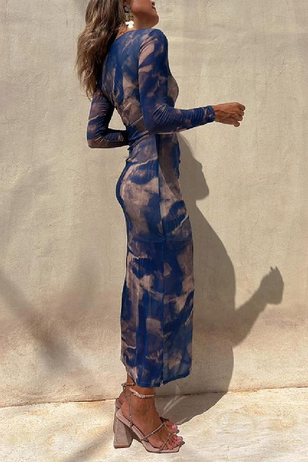 LB | Charm Lady Mesh Overlay Tie Dye Print Long Sleeve Ruffled Stretch Midi Dress