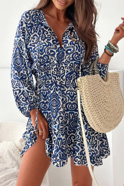 LB | Women Print Lace up V Neck Sukienka mini z długim rękawem