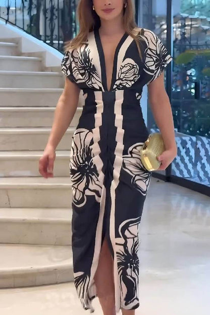 LB | Unique Bella Contrast Colour Unique Print Dolman Sleeve Ruffled Slit Midi Dress