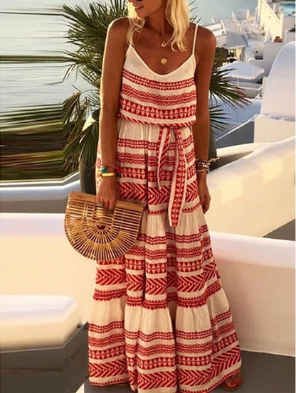 LB | Czerwona sukienka maxi Boho Geo z dekoltem V