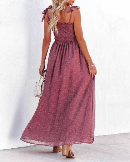 LB | Boho Spaghetti Strap Square Neck Polka Dot Flare Beach Maxi Dress