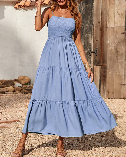 LB | Bohemian Long Dress Spaghetti Strap Solid Swing Beach Sleeveless Maxi Dress