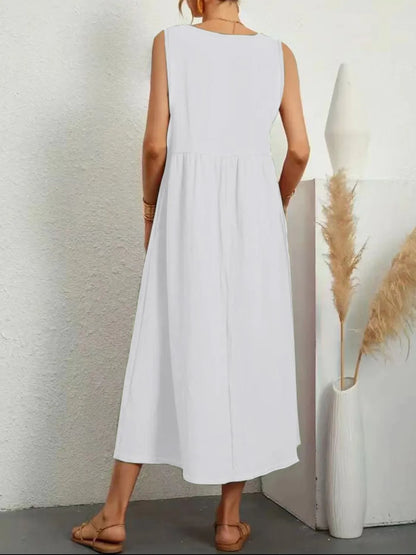 LB | Full Size Pocketed V-Neck Sleeveless Midi Dress Plus Size