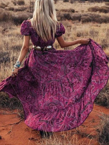 LB | Full Size Drukowana sukienka maxi z bufiastymi rękawami Plus Size