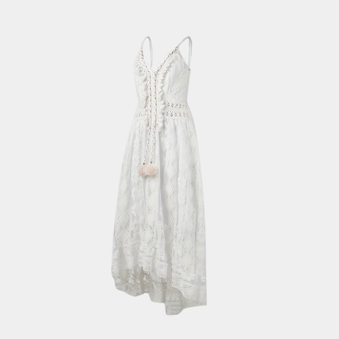 LB | Damska sukienka midi - Luźny krój - Koronkowe detale - Dekolt w szpic - Styl boho - Oddychający materiał