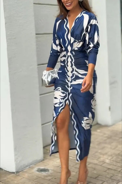 LB | Caliana Unique Print Dolman Long Sleeve Ruffled Slit Midi Dress