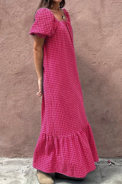 LB | SYNZ Gingham Check Bubble Sleeve Ruffled Maxi Dress