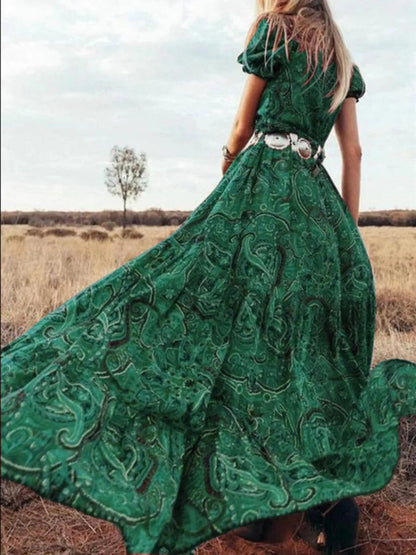 LB | Full Size Drukowana sukienka maxi z bufiastymi rękawami Plus Size