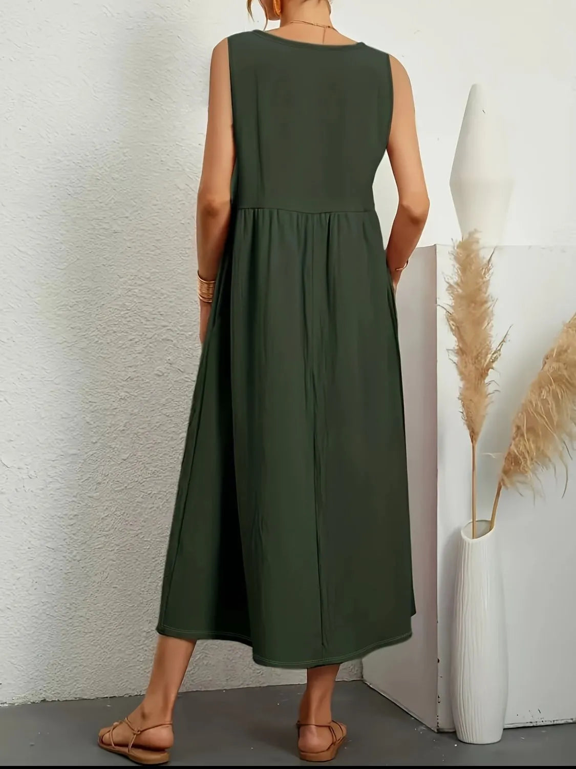 LB | Full Size Pocketed V-Neck Sleeveless Midi Dress Plus Size