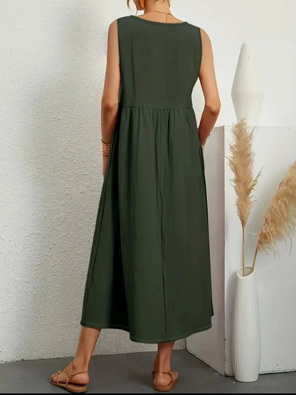 LB | Full Size Pocketed V-Neck Sleeveless Midi Dress Plus Size