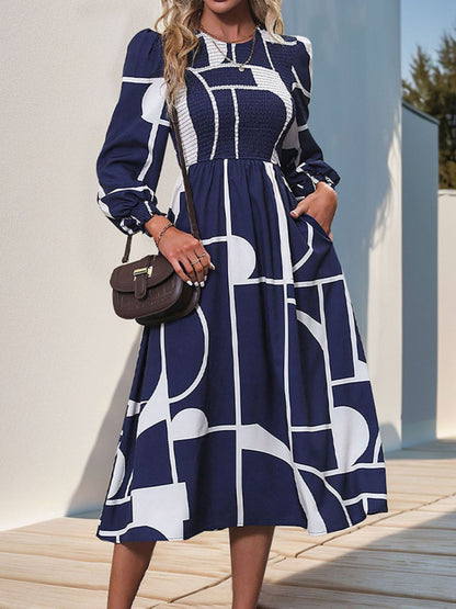 LB | Smocked Colour Block Sukienka midi z długim rękawem