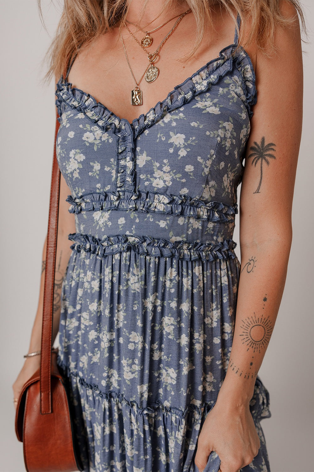 LB | Floral Spaghetti Strap Ruffle V Neck Tiered Midi Dress