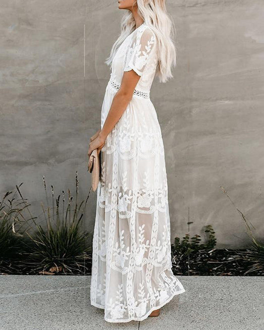 LB | Boho Maxi Dress Haftowana biała koronkowa luźna wakacyjna sukienka plażowa maxi