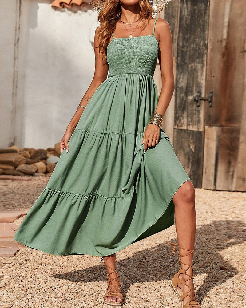 LB | Bohemian Long Dress Spaghetti Strap Solid Swing Beach Sleeveless Maxi Dress