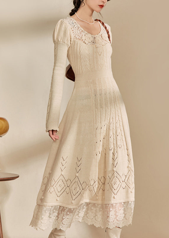 LB | Art Apricot O-neck patchwork dzianina bawełniana sukienka maxi jesień