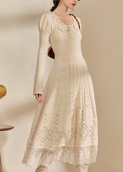 LB | Art Apricot O-neck patchwork dzianina bawełniana sukienka maxi jesień