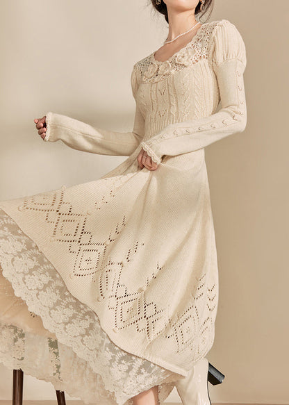 LB | Art Apricot O-neck patchwork dzianina bawełniana sukienka maxi jesień
