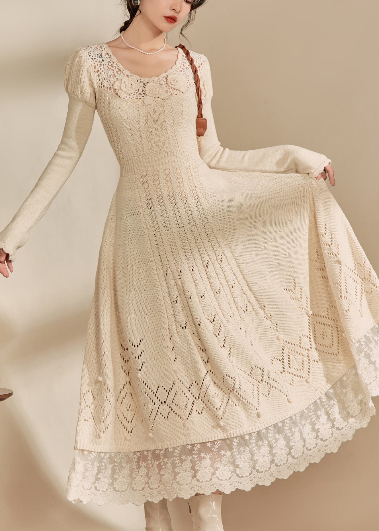LB | Art Apricot O-neck patchwork dzianina bawełniana sukienka maxi jesień