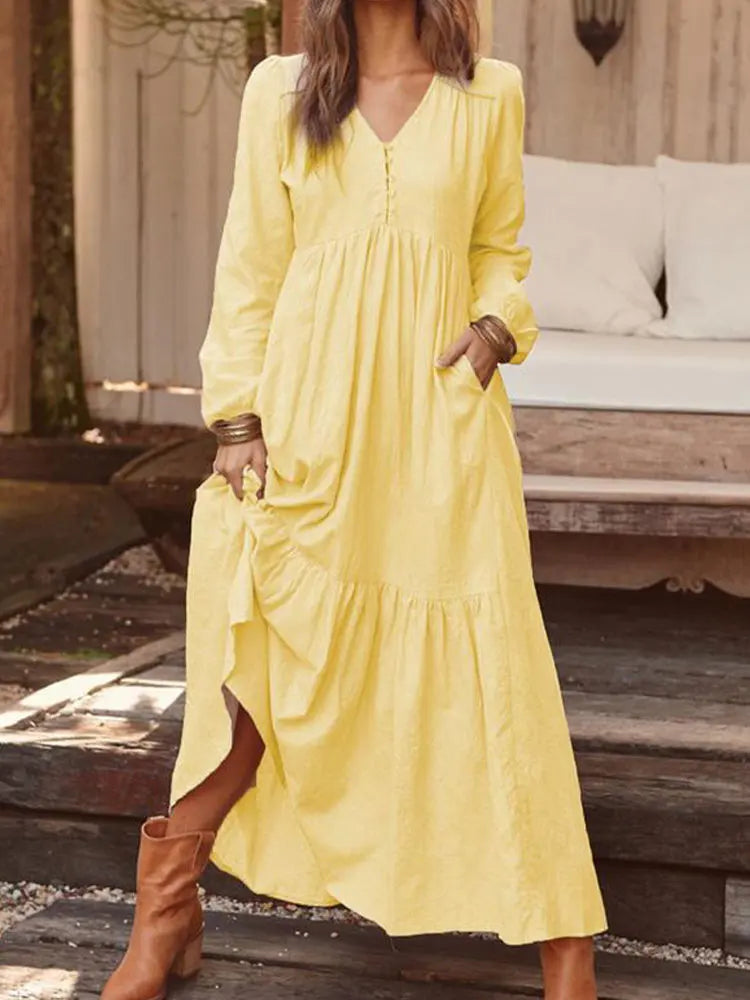 LB | 2024 Retro Jednokolorowa Sukienka Maxi BauMW |collet Boho dla kobiet