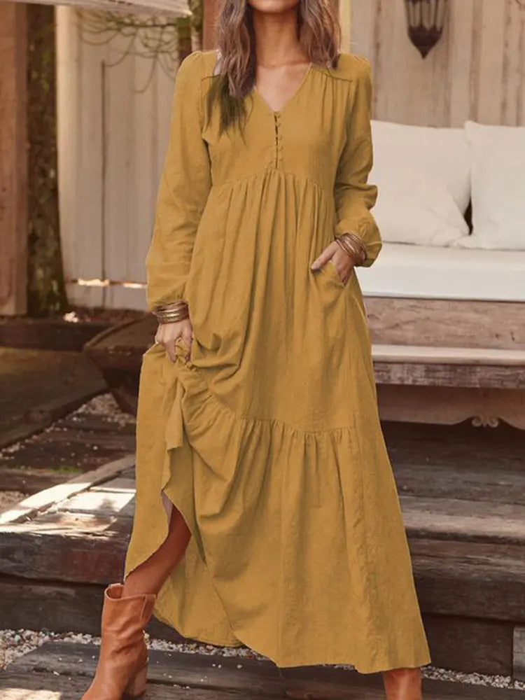 LB | 2024 Retro Jednokolorowa Sukienka Maxi BauMW |collet Boho dla kobiet