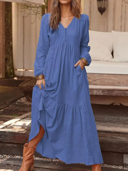 LB | 2024 Retro Jednokolorowa Sukienka Maxi BauMW |collet Boho dla kobiet