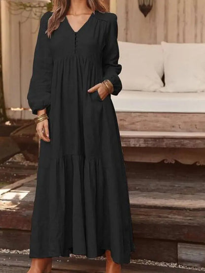 LB | 2024 Retro Jednokolorowa Sukienka Maxi BauMW |collet Boho dla kobiet