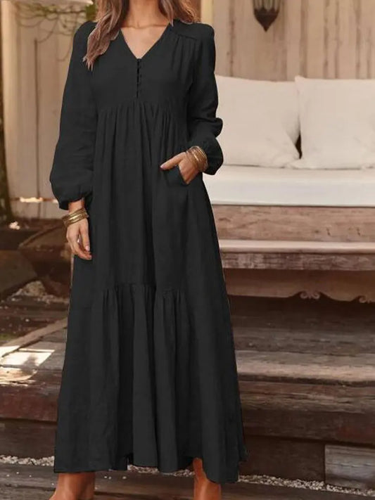 LB | 2024 Retro Jednokolorowa Sukienka Maxi BauMW |collet Boho dla kobiet