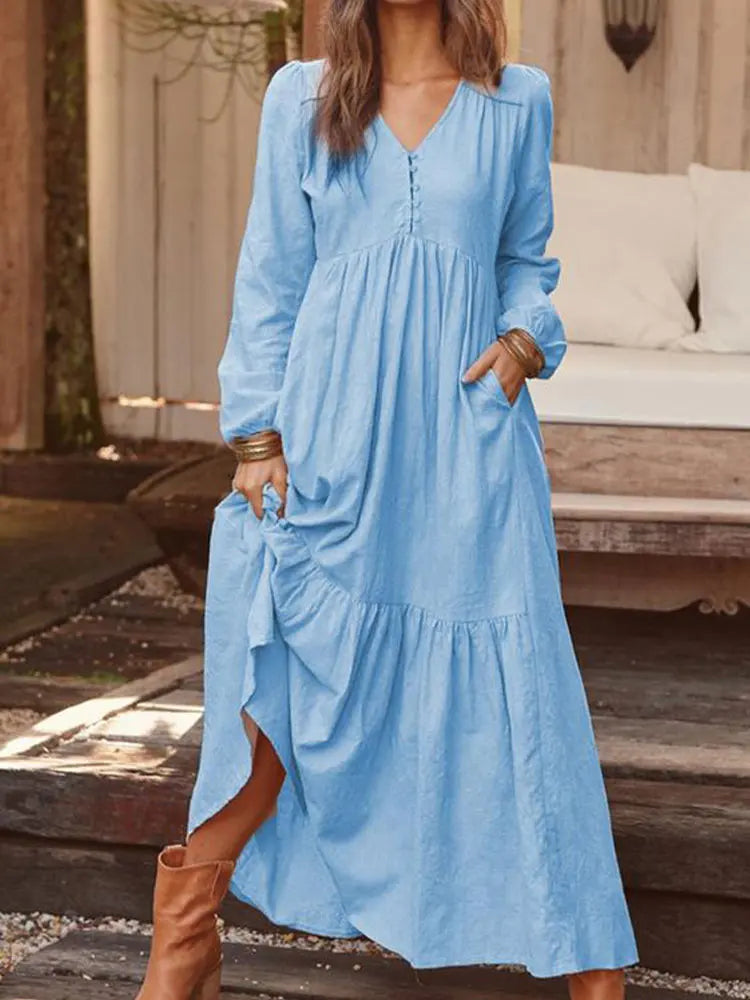 LB | 2024 Retro Jednokolorowa Sukienka Maxi BauMW |collet Boho dla kobiet