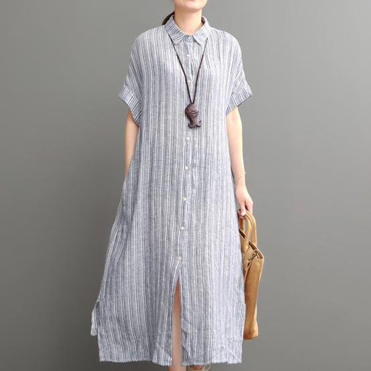 LB | Niebieska lniana sukienka maxi z otwartym rąbkiem plus size bawełniana sukienka
