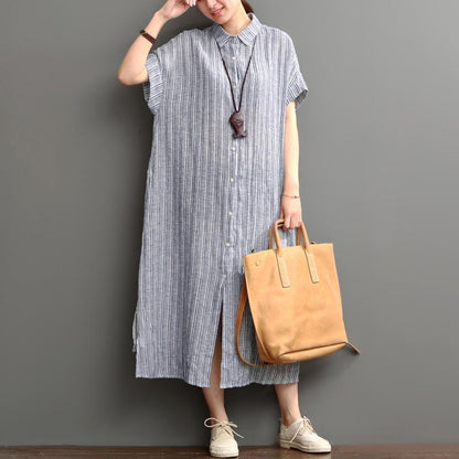 LB | Niebieska lniana sukienka maxi z otwartym rąbkiem plus size bawełniana sukienka