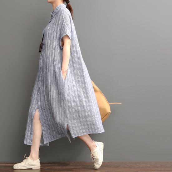 LB | Niebieska lniana sukienka maxi z otwartym rąbkiem plus size bawełniana sukienka