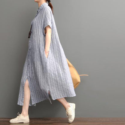 LB | Niebieska lniana sukienka maxi z otwartym rąbkiem plus size bawełniana sukienka