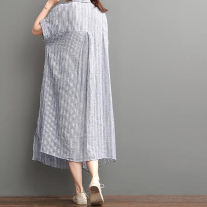 LB | Niebieska lniana sukienka maxi z otwartym rąbkiem plus size bawełniana sukienka