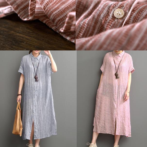 LB | Niebieska lniana sukienka maxi z otwartym rąbkiem plus size bawełniana sukienka