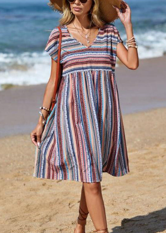 LB | Bohemian Blue V-Neck Bawełniana sukienka midi w paski na lato