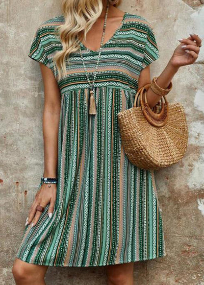 LB | Bohemian Blue V-Neck Bawełniana sukienka midi w paski na lato