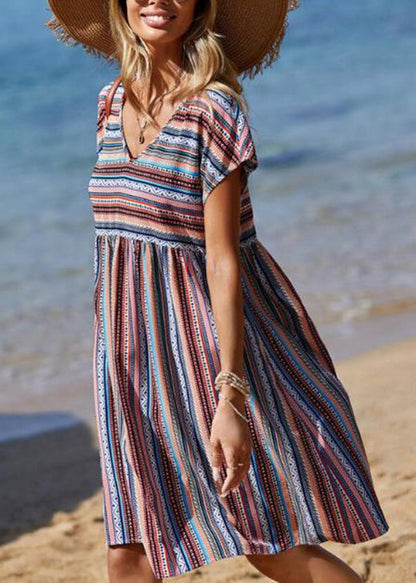LB | Bohemian Blue V-Neck Bawełniana sukienka midi w paski na lato