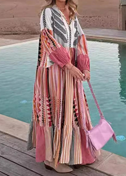 LB | Bohemian Colorblock Lace Up Print Bawełniana sukienka maxi z długim rękawem