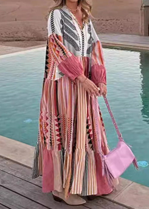 LB | Bohemian Colorblock Lace Up Print Bawełniana sukienka maxi z długim rękawem