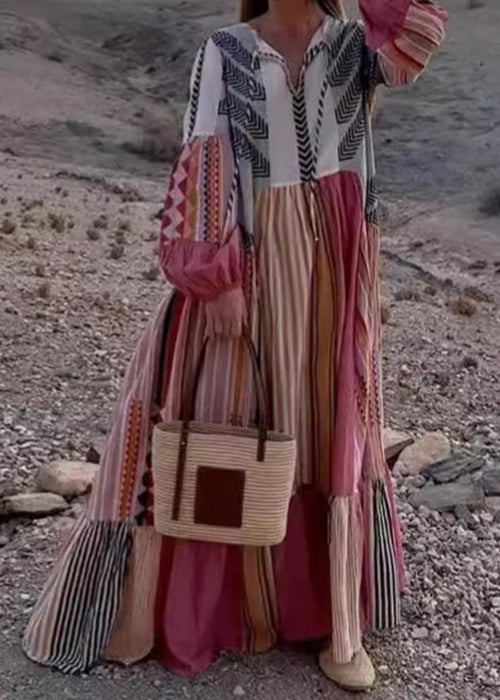 LB | Bohemian Colorblock Lace Up Print Bawełniana sukienka maxi z długim rękawem