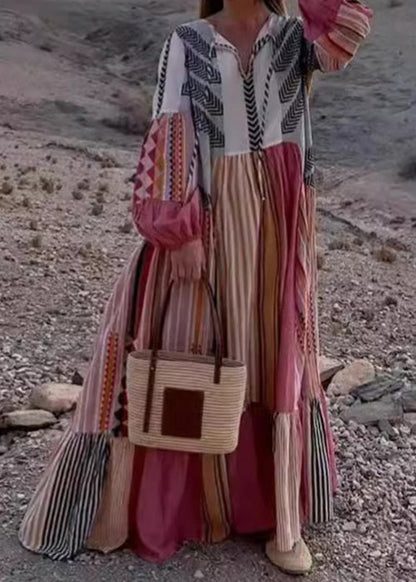 LB | Bohemian Colorblock Lace Up Print Bawełniana sukienka maxi z długim rękawem