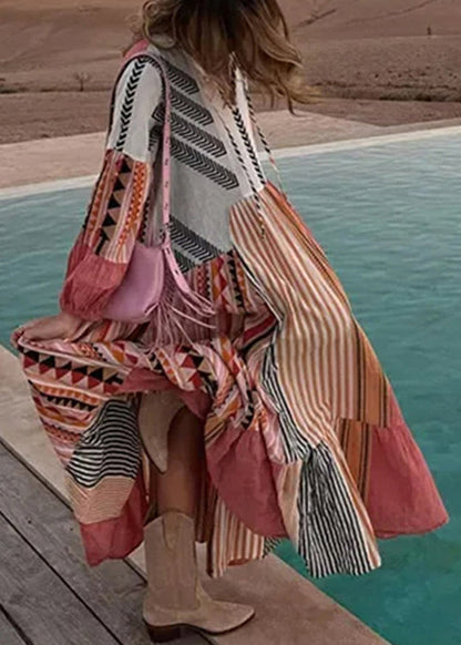 LB | Bohemian Colorblock Lace Up Print Bawełniana sukienka maxi z długim rękawem