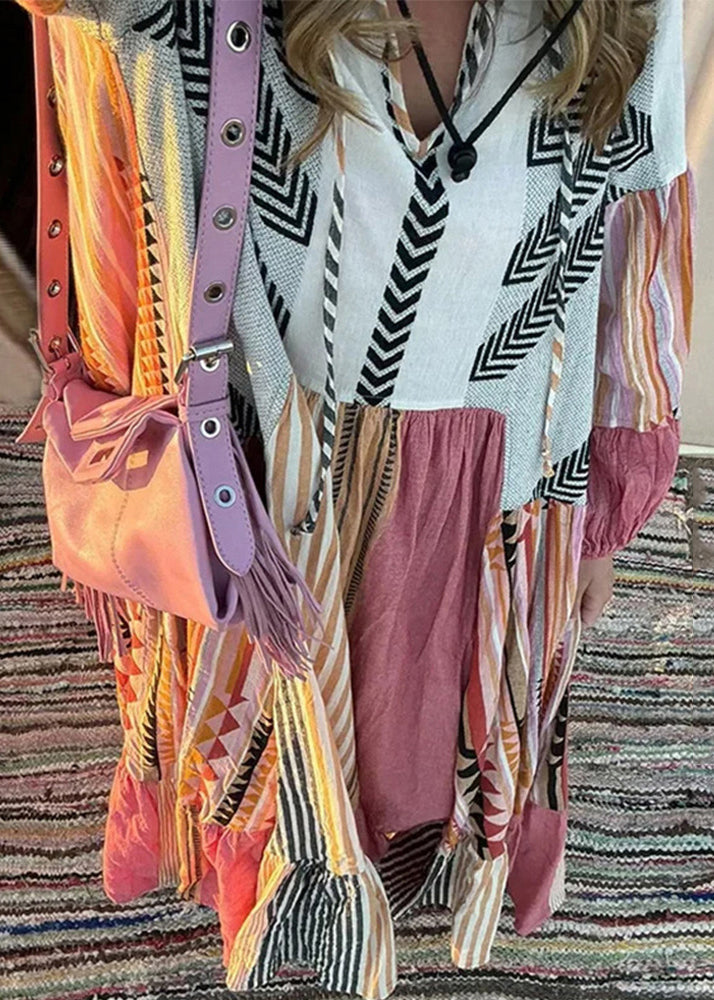 LB | Bohemian Colorblock Lace Up Print Bawełniana sukienka maxi z długim rękawem