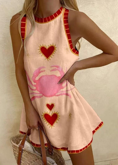 LB | Bohemian Print Linen A Line Mini sukienka bez rękawów