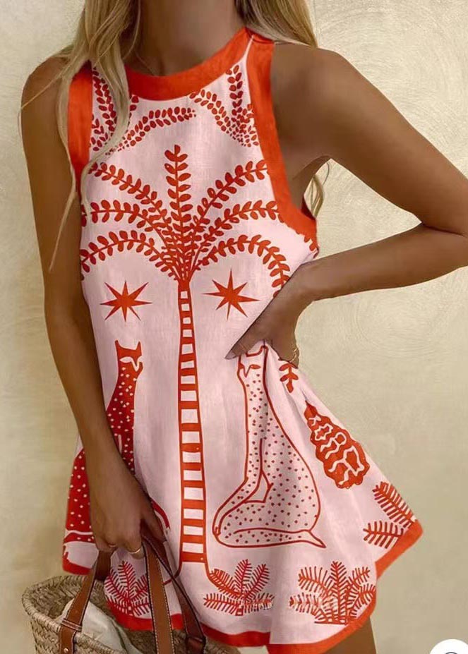 LB | Bohemian Print Linen A Line Mini sukienka bez rękawów