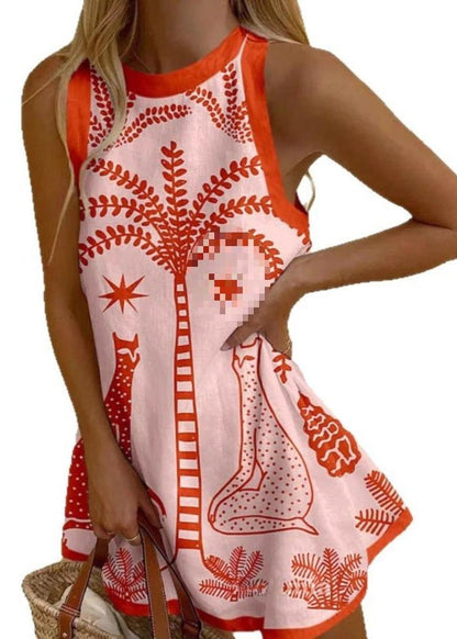 LB | Bohemian Print Linen A Line Mini sukienka bez rękawów